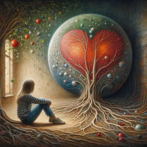 Blonde Girl Sitting Before Ball-Shaped Tree Painterly Art