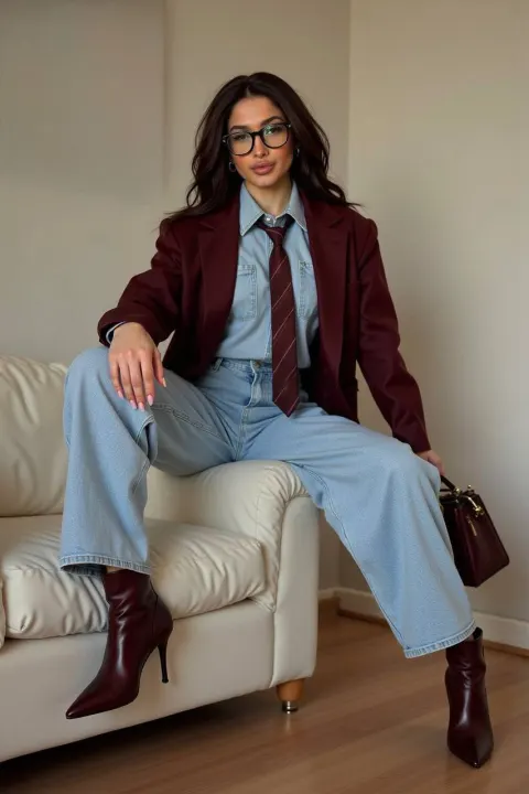 Burgundy Denim Power Editorial