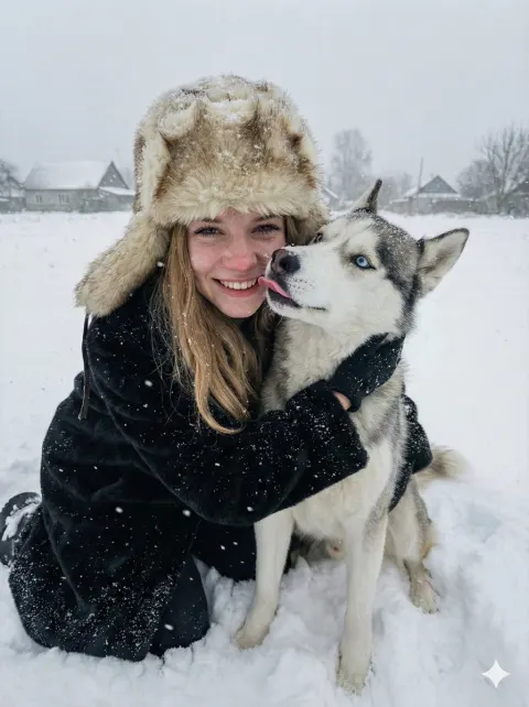 Hugging Husky In Snowy Field