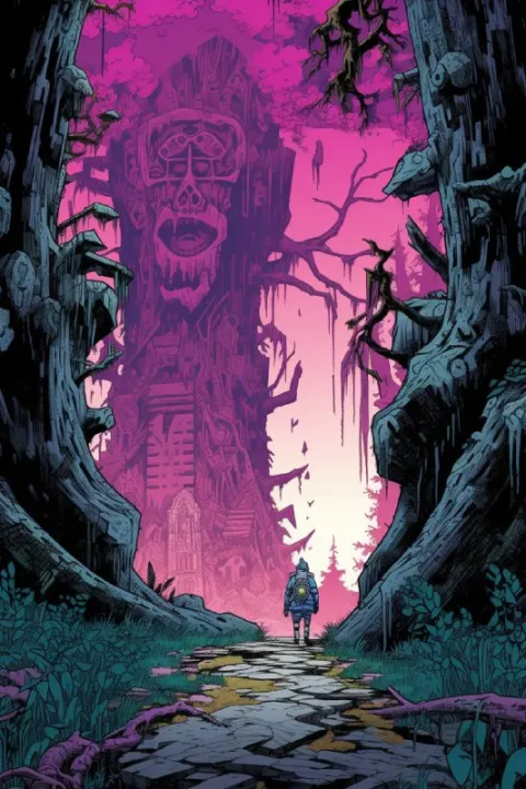 Forest Demon and Path Comic Art With Totem Columns