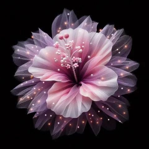 Lilac Pink Tulle Hibiscus With Sparkly Lights Fabric Art