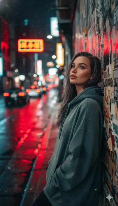 Dreamy Neon Portrait in Rain