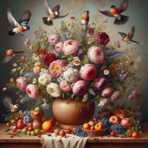 Garden Flower Bouquet With Songbirds Pastoral Tapestry