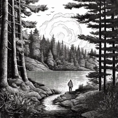Man Hiking by Lake Pen and Ink Comic Noir Panorama