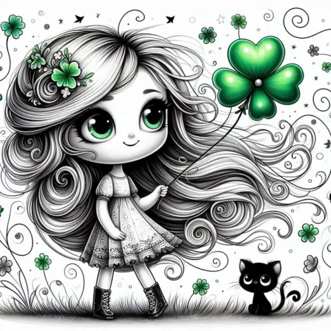 Girl With Lucky Clovers and Balloon Monochrome Drawing