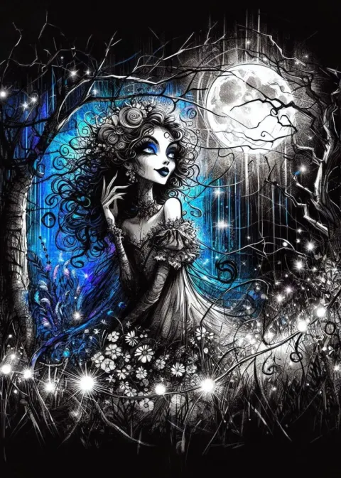 Whimsical Gothic Woman Moonlit Forest