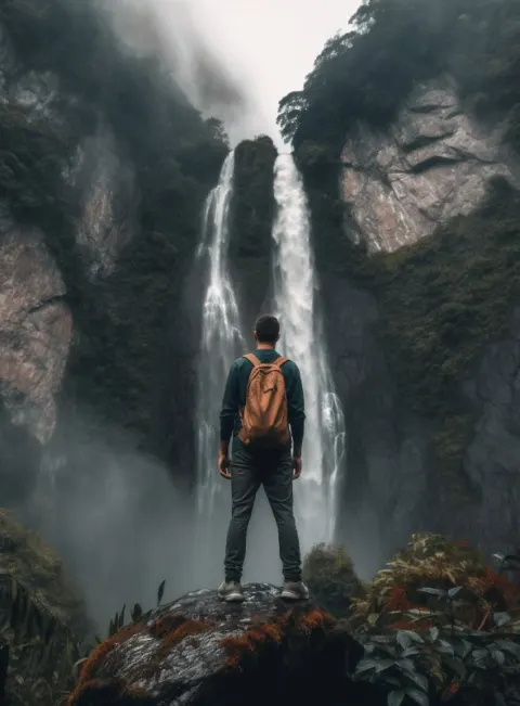 Man Before Mountain Waterfall Batik Style Travel Scene