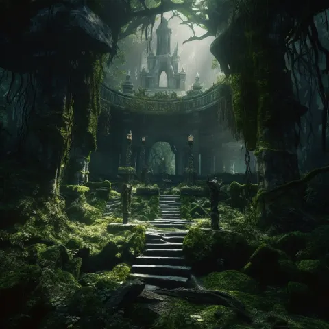 Mossy Shadow Forest Temple Tenebrist Matte Painting