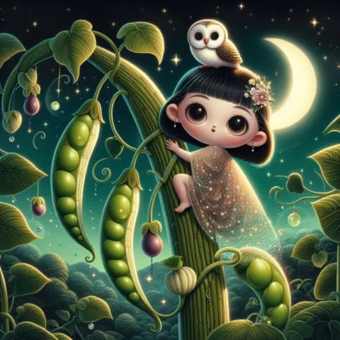 Girl Climbing Giant Beanstalk Under Stars and Moonlight
