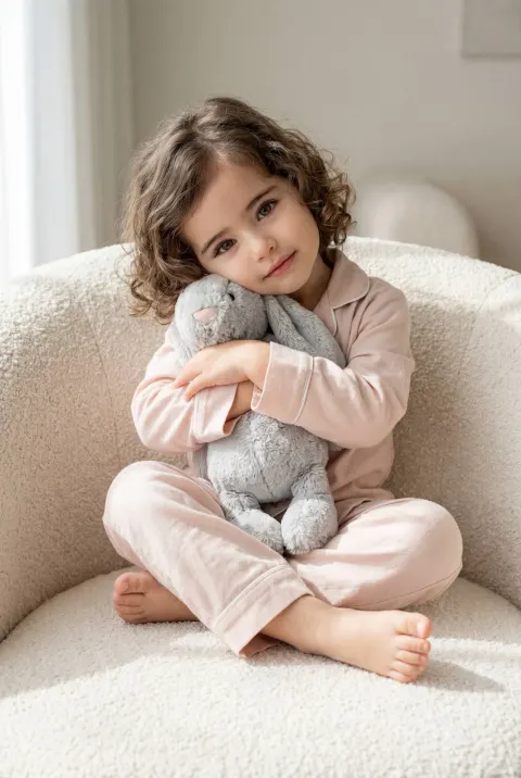 Child Hugging Bunny on Cozy Chair