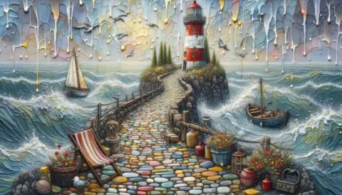 Cobbled Path to Red Lighthouse Encaustic Monet Style