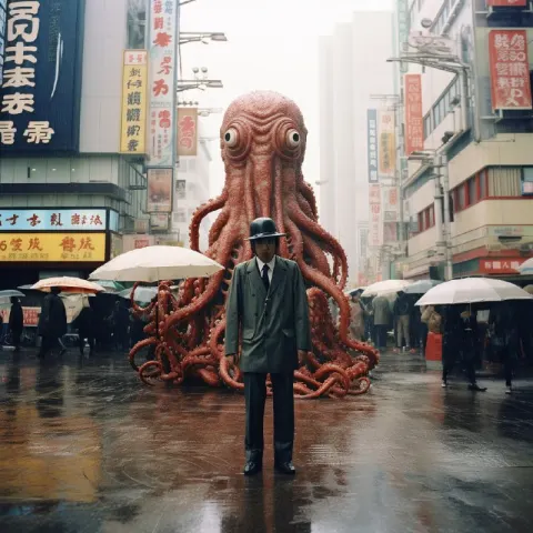Suited Squid in Rain-Soaked 1960s Tokyo Destruction