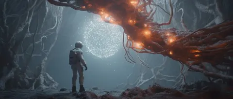 Astronaut Trapped by Tree Roots in Alien Jungle Film Still