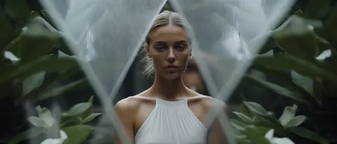 Woman Behind Monstera Leaf Prism Garden Optical Illusion