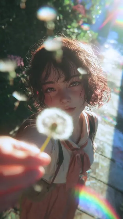 Ethereal Dandelion Girl in Golden Backlight
