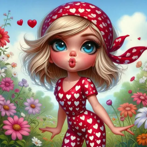 Sassy Cartoon Girl in Heart Pattern Set Blowing Kisses