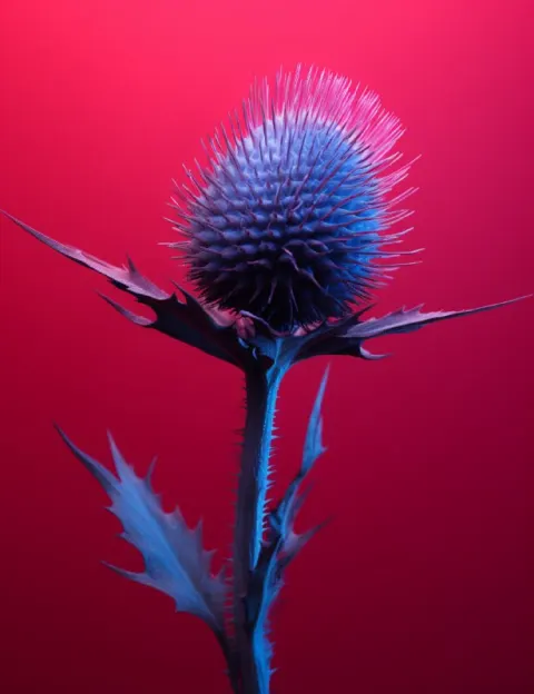 Blue Thistle on Red Background Surreal Flowerpunk Photo