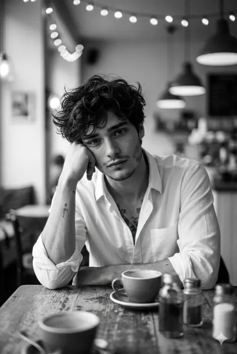 Cinematic Black and White Cafe Portrait