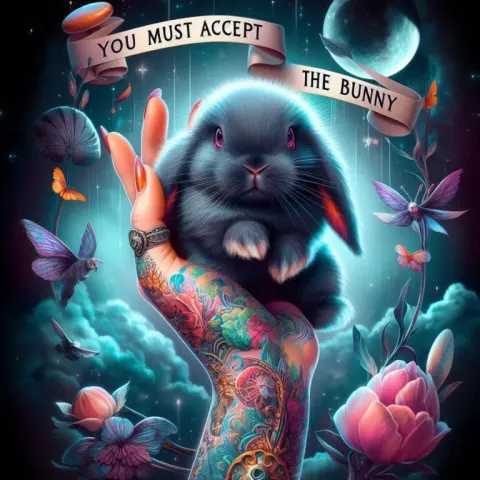 Hand Holding Bunny You Must Accept the Bunny Surreal Art