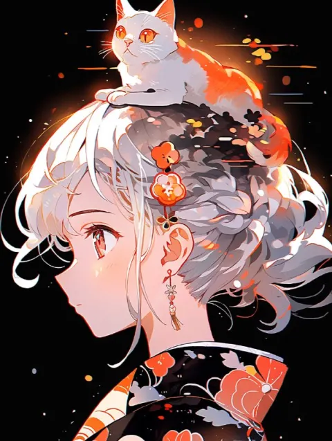 Anime Girl in Sakura Kimono With Cat Flat Illustration