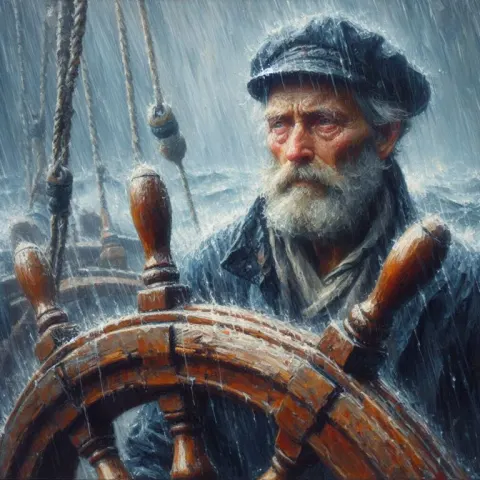 Elderly Sailor at Helm in Storm Impressionist Painting