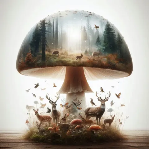 Mushroom Double Exposure With Forest Animals Inside