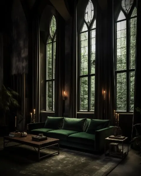 Church Living Room in Dark Forest Modern Hippie Interior