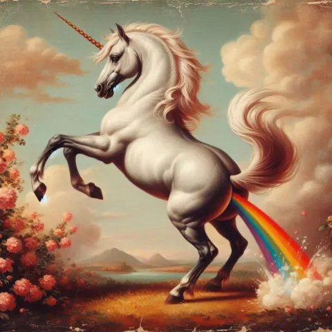 Vintage Oil Painting of Unicorn Pooping Rainbow