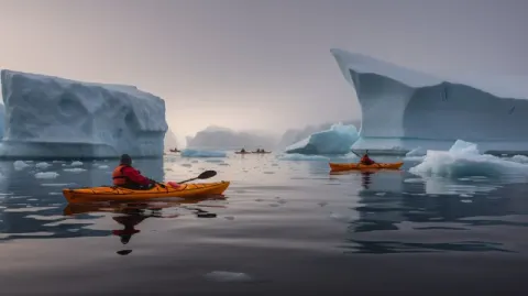 Kayaks Among Icebergs With Whales in Greenland Sea