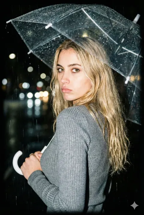 Rainy Night Gaze Under Umbrella
