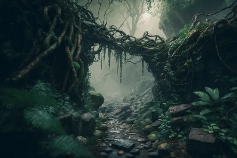 Misty Tropical Jungle With Mossy Stones Epic Wide Shot