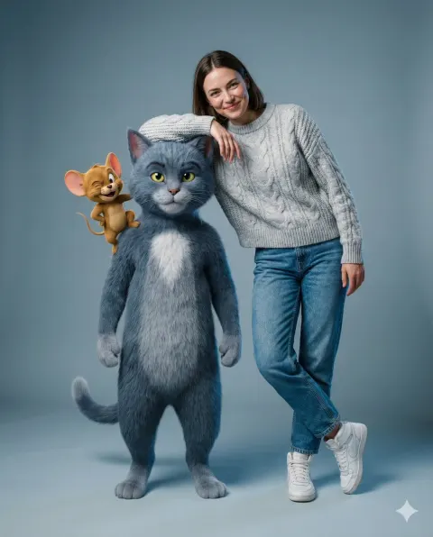 Woman Hugging Giant Cat And Mouse