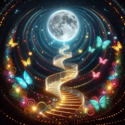 Spiral Stairway to the Moon With Luminous Butterflies
