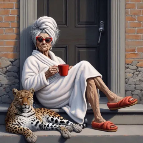 Funny Older Woman in Bathrobe With Coffee on Porch Step