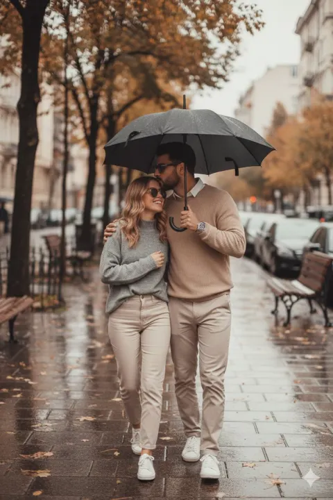 Romantic Autumn Rain Couple
