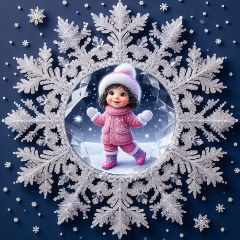 Girl in Pink Snowsuit Inside Crystal Snowflake Center