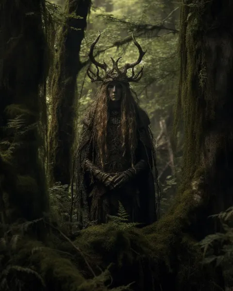 Magical Norse Forest Spirit in Dense Woodland Photo