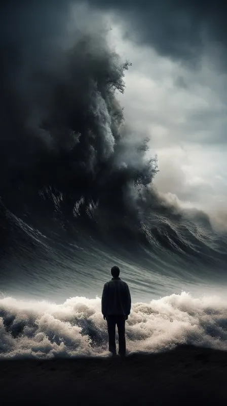 Lone Man Facing Towering Tidal Wave Dramatic Scene