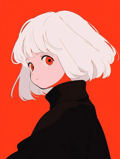 Cute White-Haired Girl Minimalist Vector on Red