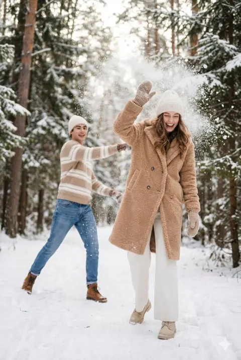 Playful Couple Snow Forest Scene