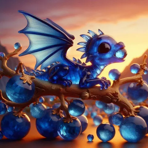 Sapphire Glass Baby Dragon on Branch Oil Painting Style