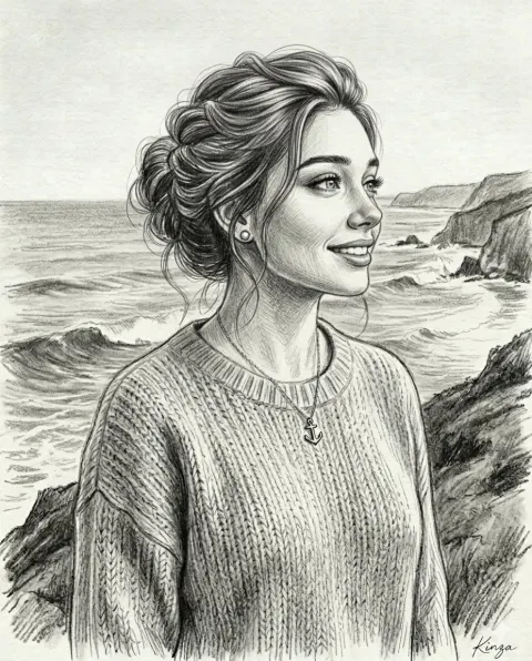 Vintage Seaside Graphite Portrait in the Breeze