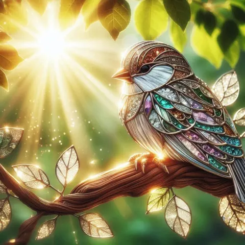 Stained Glass Sparrow Shimmering on Sunlit Tree Branch