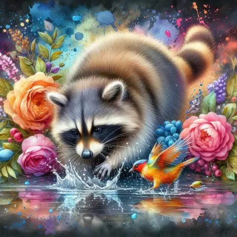 Raccoon Splashing Bird in Puddle Watercolor Airbrush