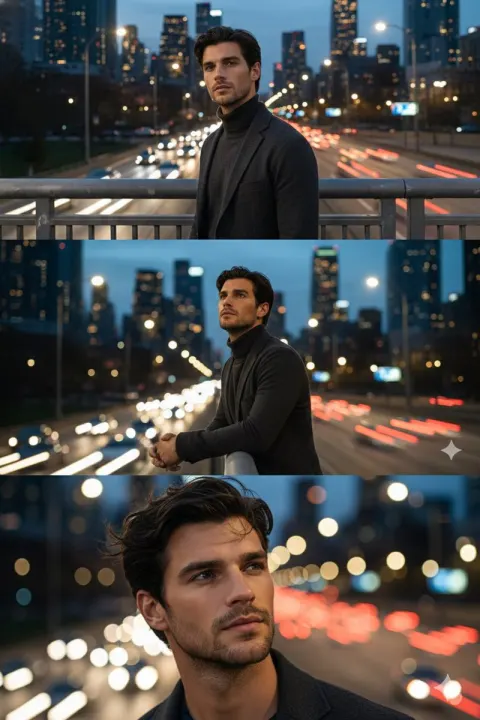 Cinematic Urban Night Triptych Portrait