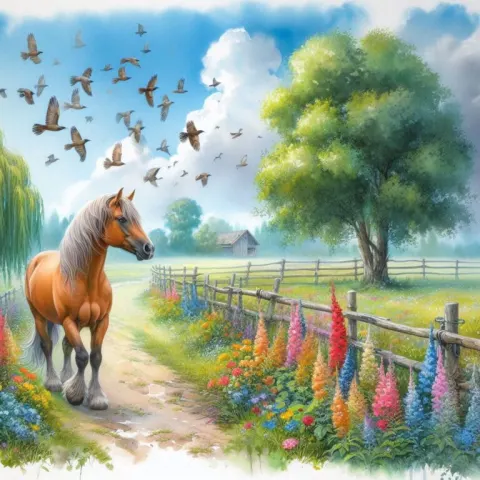 Summer Landscape With Flowered Fence Watercolor Airbrush