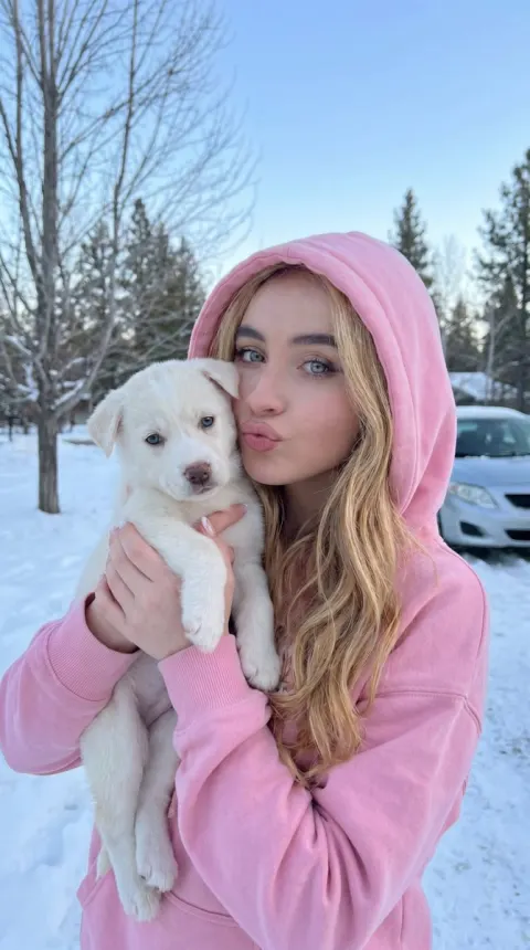 Winter Girl and White Puppy Portrait