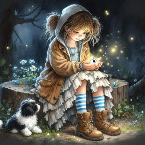 Watercolor Painting Little Girl and Firefly