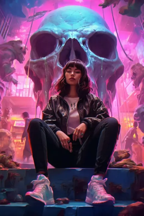 Woman Atop Giant Skull With Neon Lights Cyberpunk Art