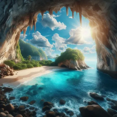 Sea Cave Beach With Turquoise Water and Sunlit Entrance